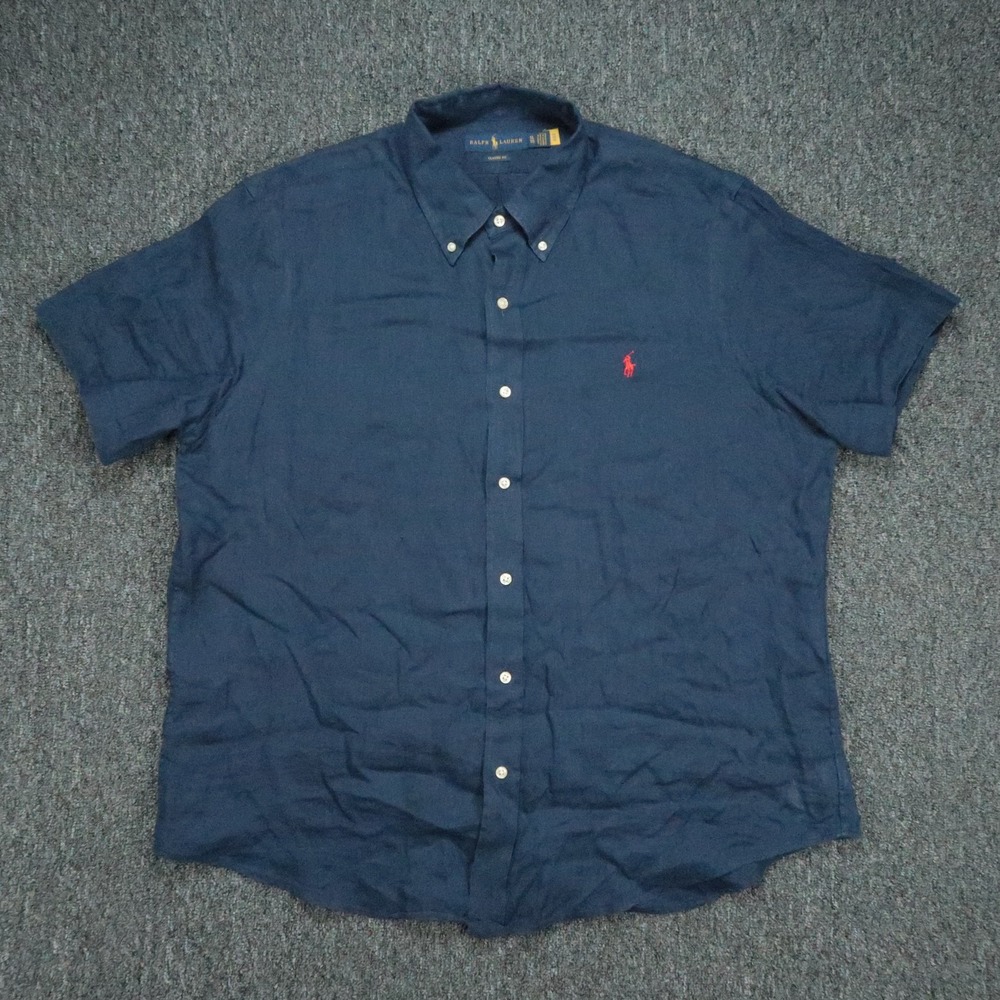 Ralph Lauren Shirt Mens XL Blue Linen Short Sleeve Button Down Classic Fit